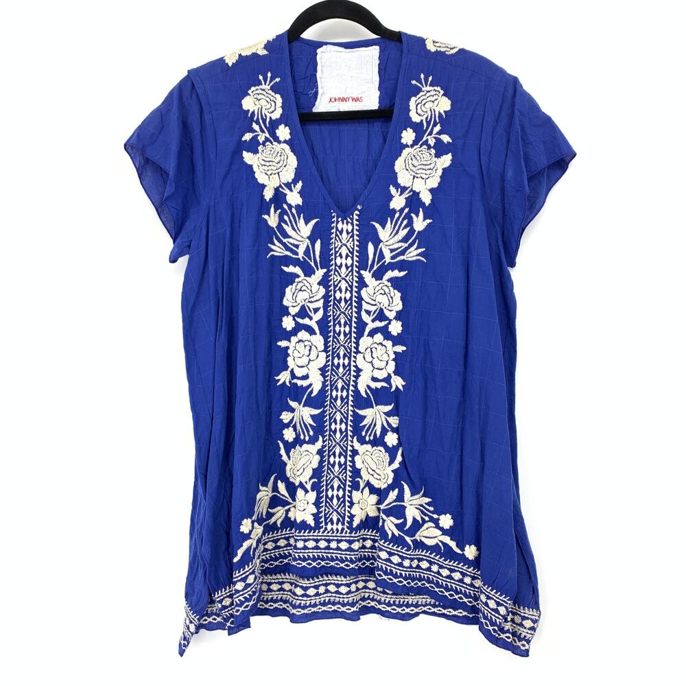 3J Workshop Johnny Was Womens L Blue Ivory Folk Embroidered Peasant Tunic